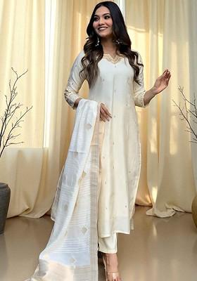 Off White Embroidered Blended Kurta Set