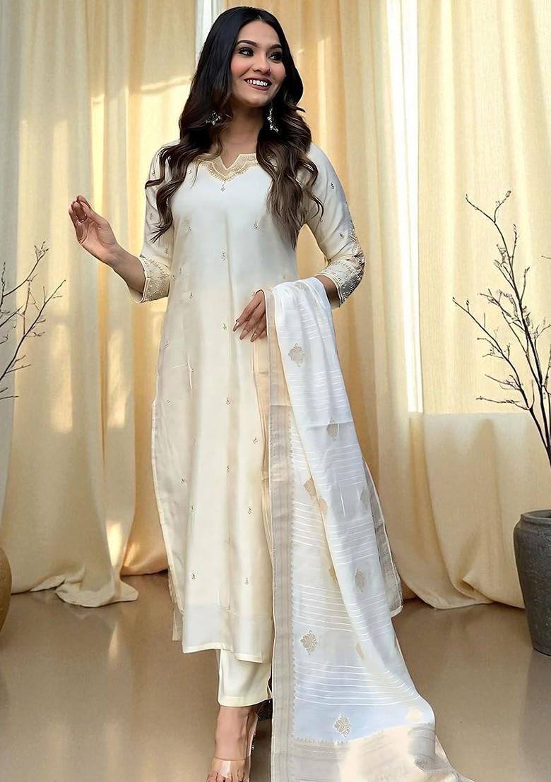 Off White Embroidered Blended Kurta Set