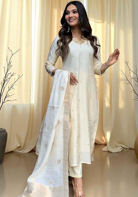 Off White Embroidered Blended Kurta Set