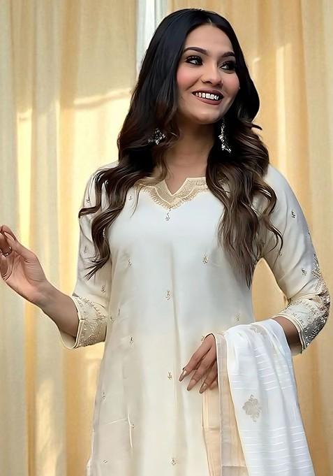 Off White Embroidered Blended Kurta Set