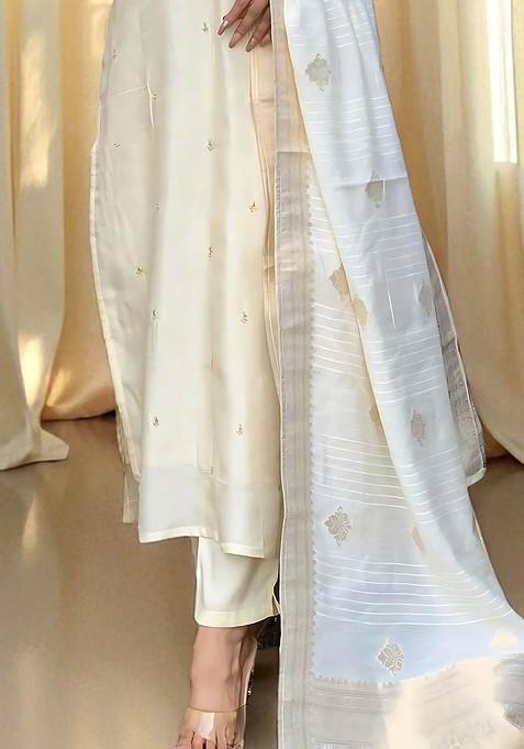 Off White Embroidered Blended Kurta Set