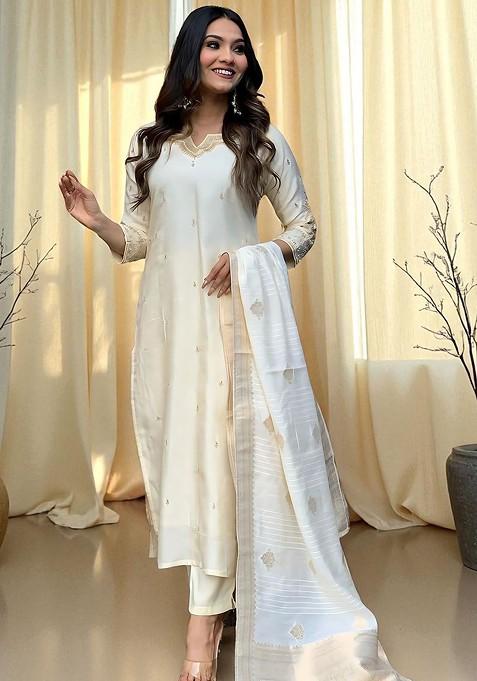 Off White Embroidered Blended Kurta Set