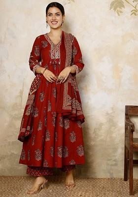 Maroon Printed Blended Kurta Set