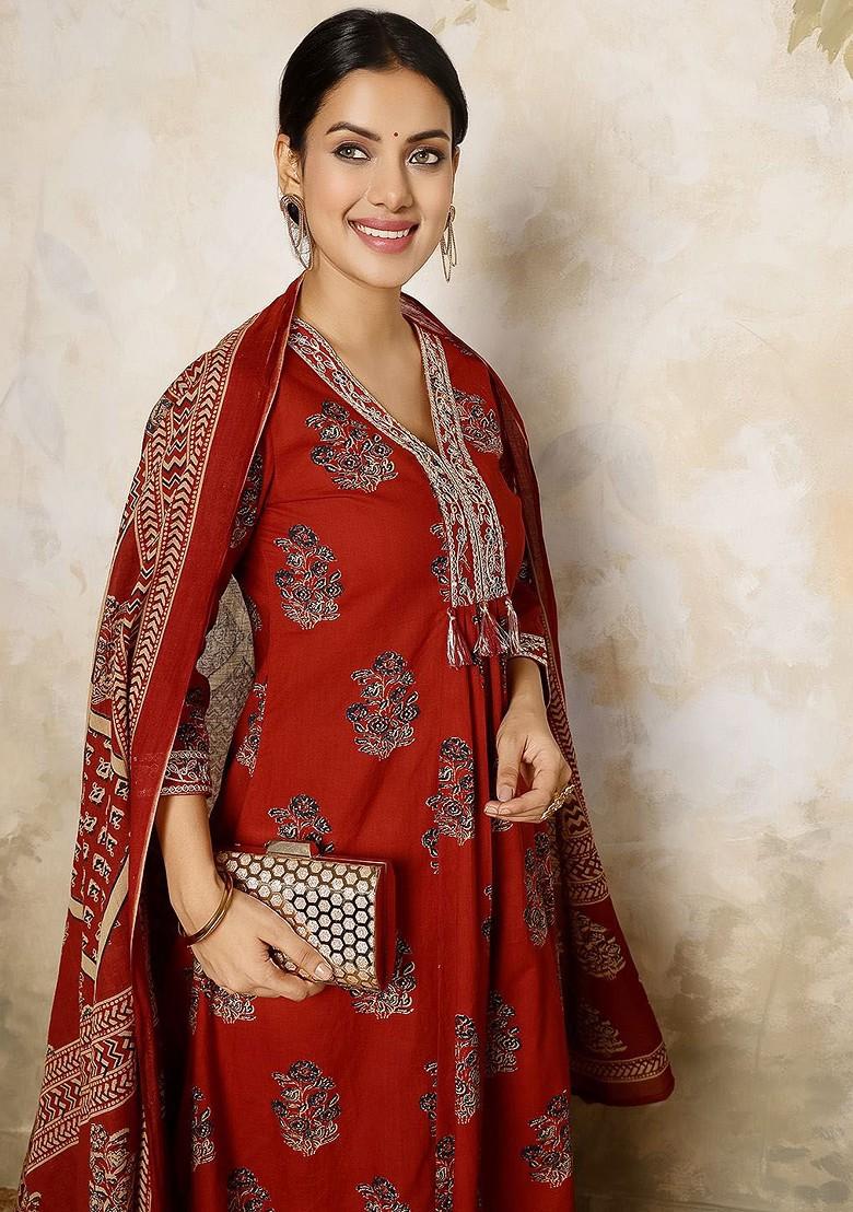 Maroon Printed Blended Kurta Set - Indya
