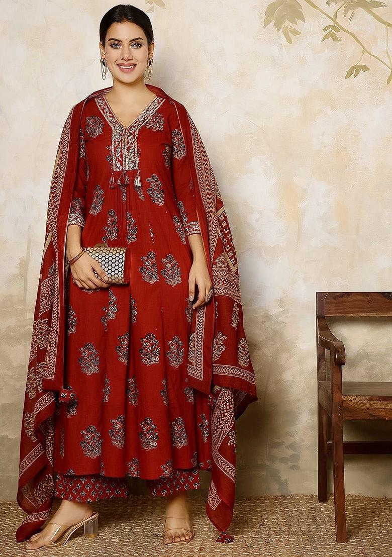 Maroon Printed Blended Kurta Set - Indya