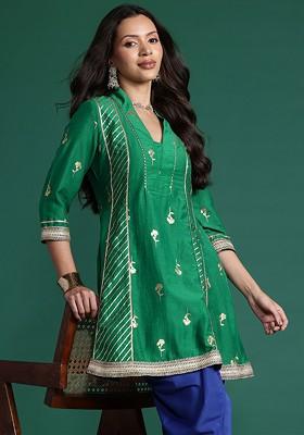 Green Printed Blended Kurta Set