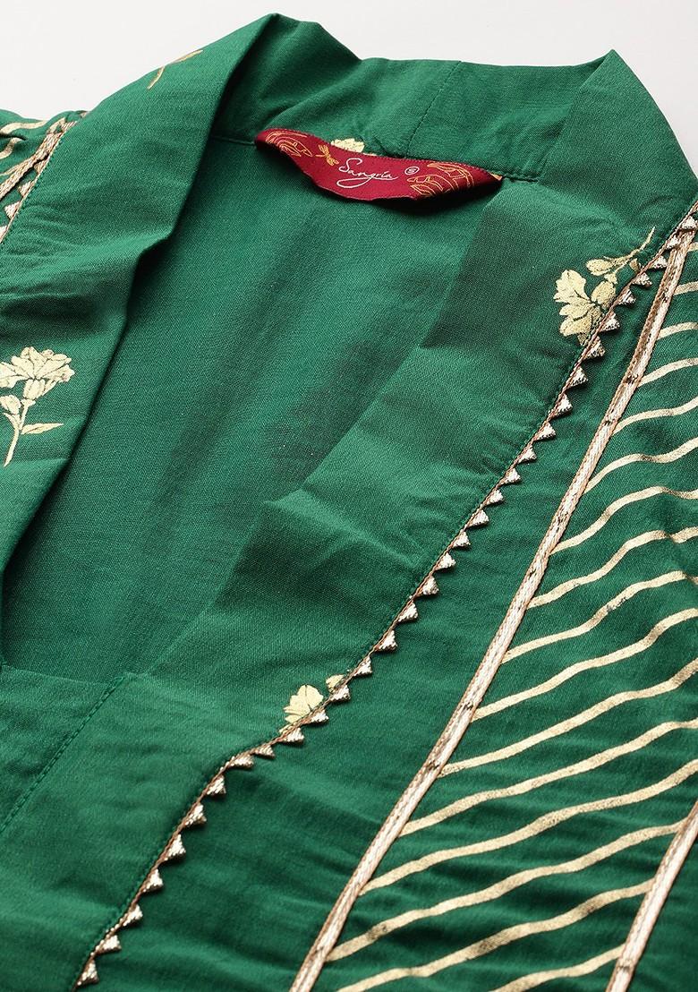 Green Printed Blended Kurta Set - Indya
