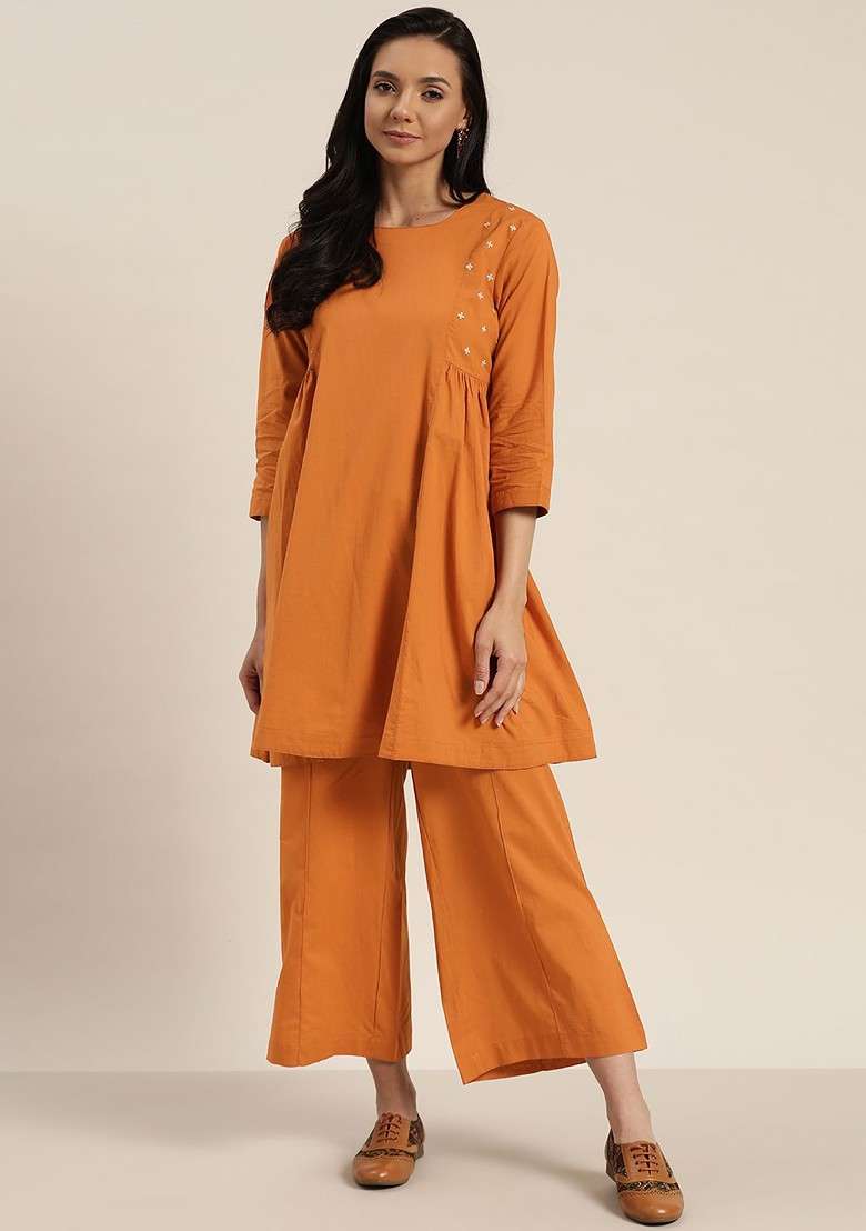 Rust Solid Blended Kurta Set - Indya