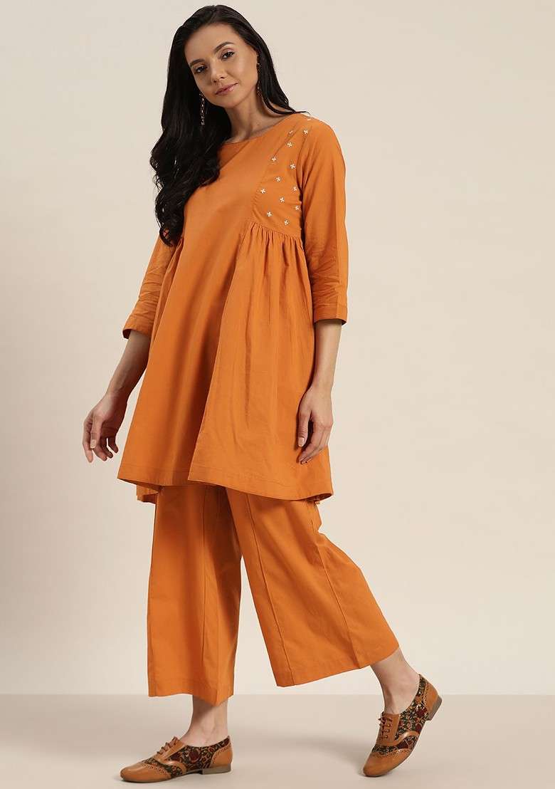 Rust Solid Blended Kurta Set - Indya
