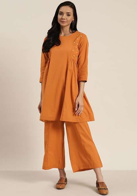 Rust Solid Blended Kurta Set