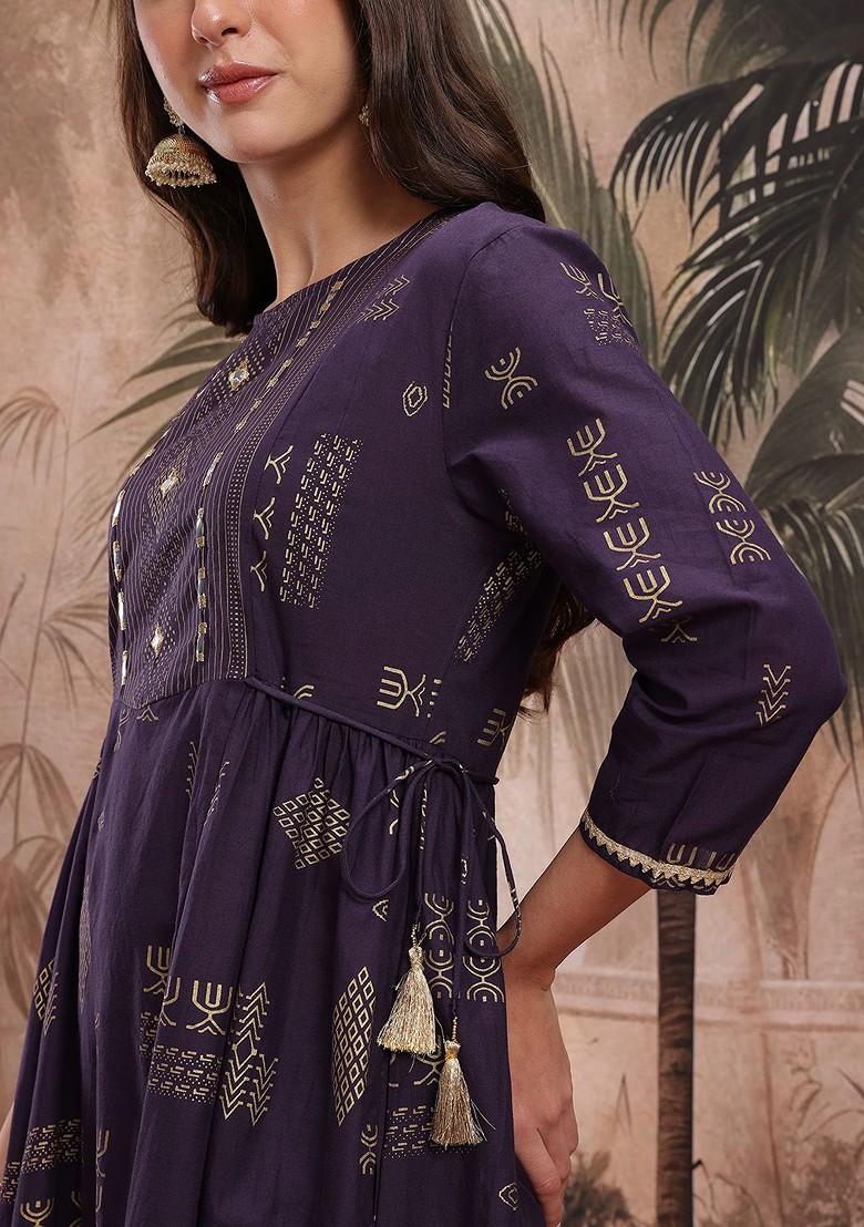 Purple Printed Blended Kurta Set - Indya