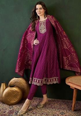 Burgundy Embroidered Blended Kurta Set