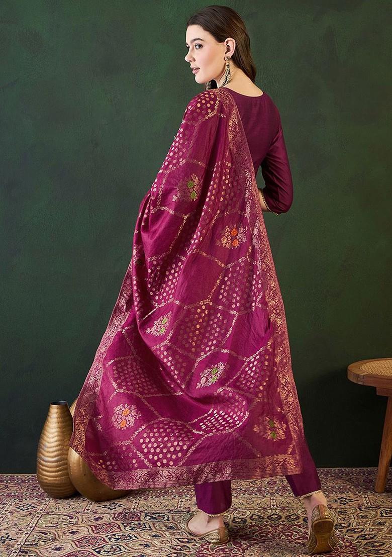 Burgundy Embroidered Blended Kurta Set - Indya
