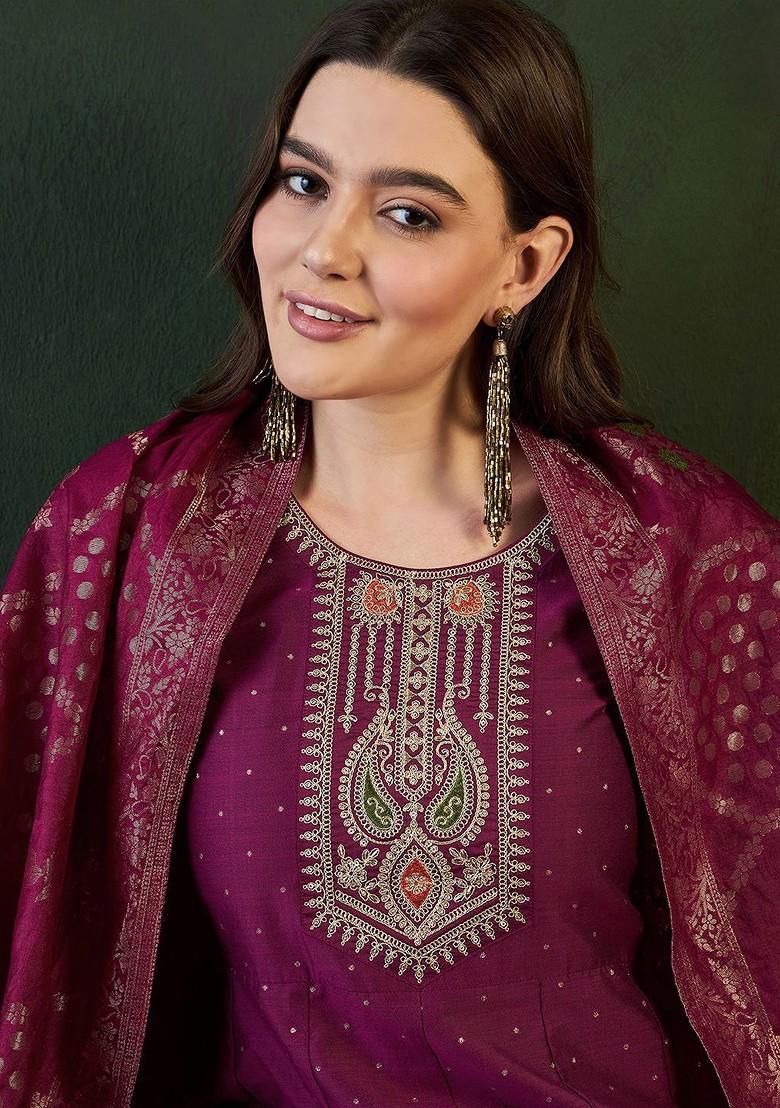 Burgundy Embroidered Blended Kurta Set - Indya