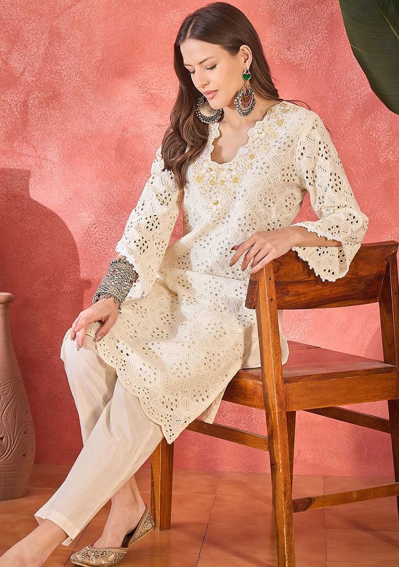 Cream Embroidered Blended Kurta Set - Indya