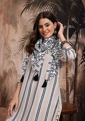 Grey Striped Blended Kurta Set