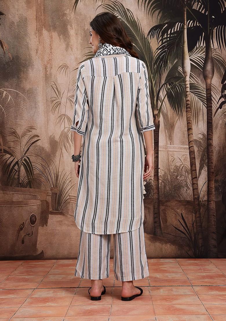 Grey Striped Blended Kurta Set - Indya