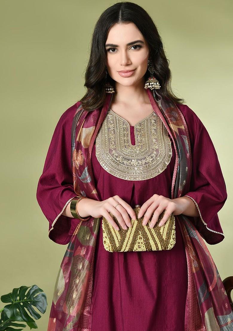 Magenta Sequinned Blended Kurta Set - Indya