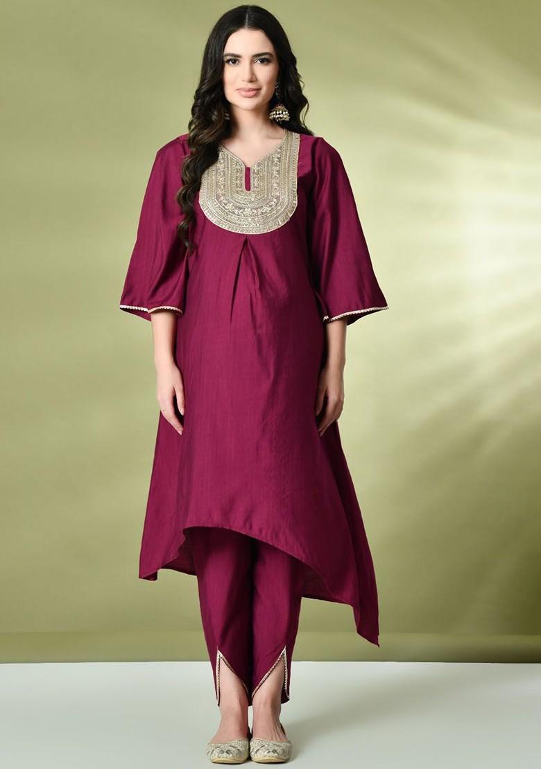 Magenta Sequinned Blended Kurta Set - Indya