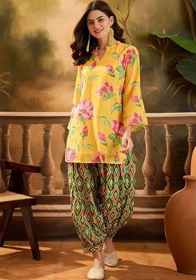 Yellow Printed Blended Kurta Set