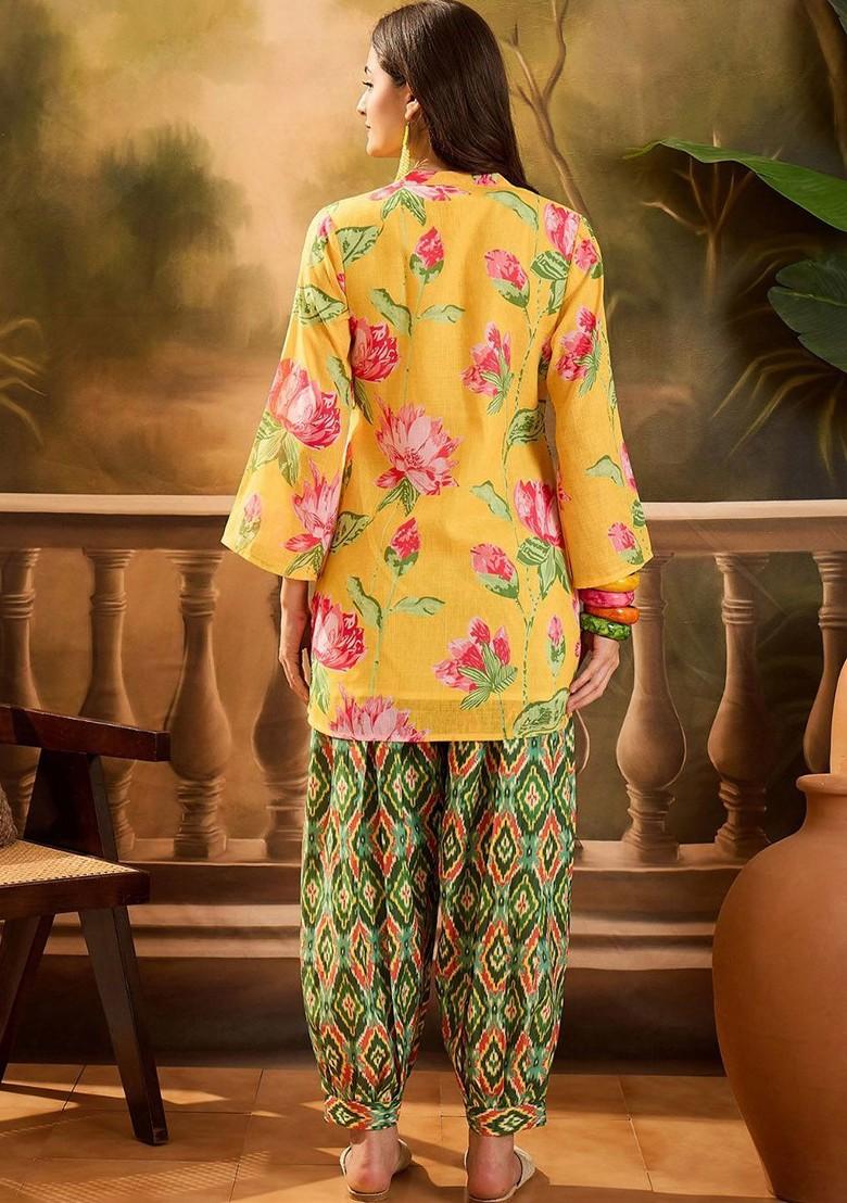 Yellow Printed Blended Kurta Set - Indya