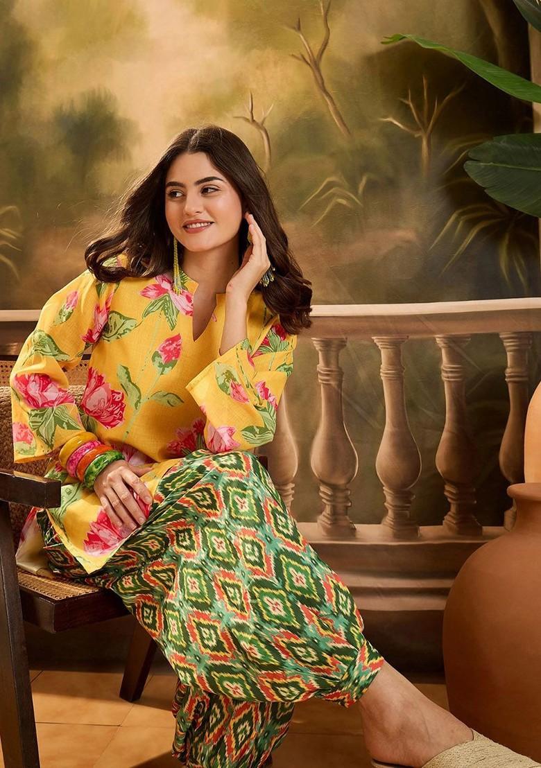 Yellow Printed Blended Kurta Set - Indya