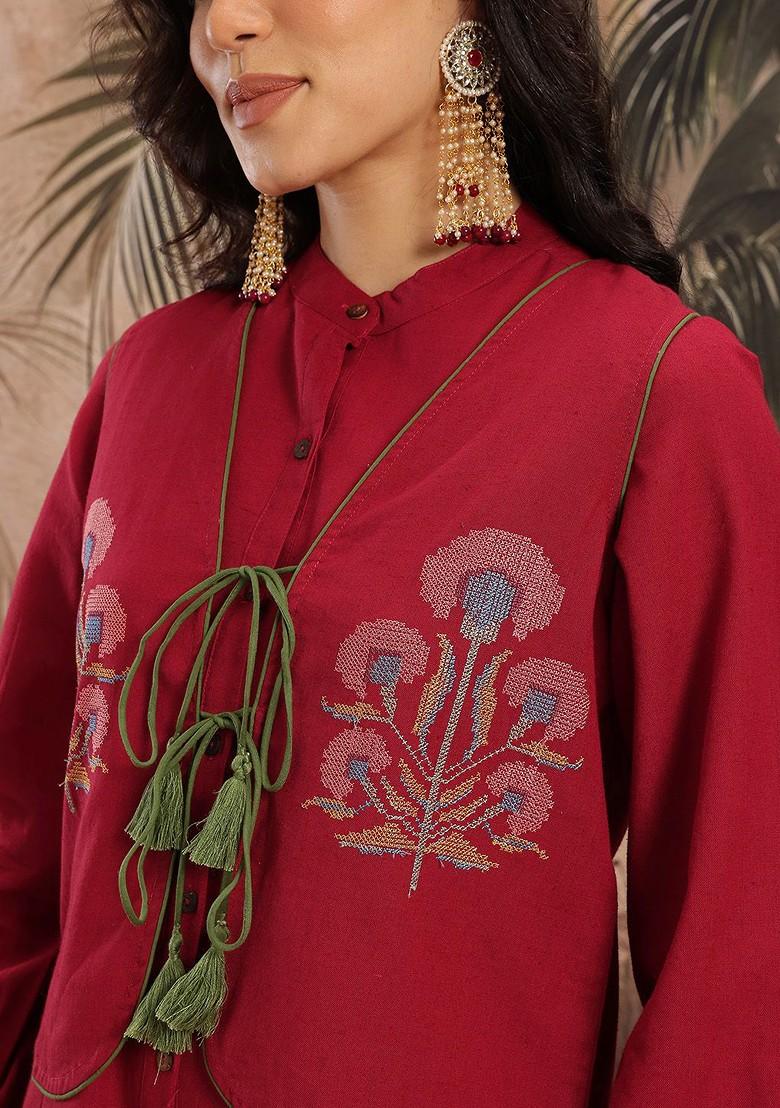 Maroon Embroidered Blended Kurta Set - Indya