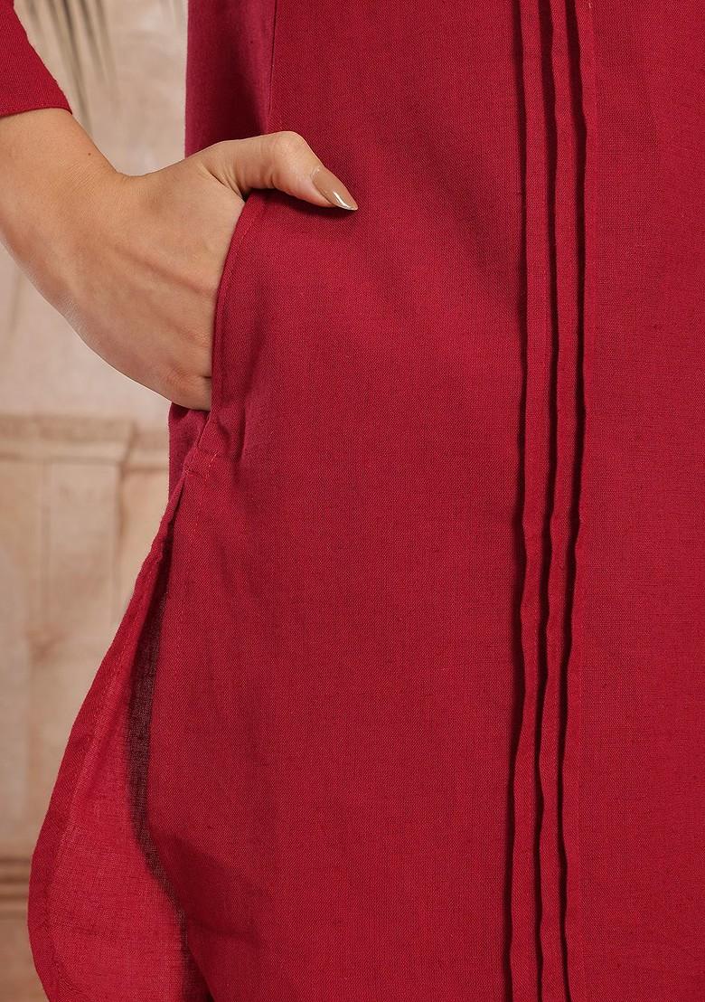 Maroon Embroidered Blended Kurta Set - Indya