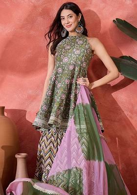 Green Printed Blended Kurta Set