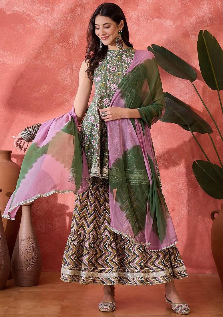 Green Printed Blended Kurta Set - Indya