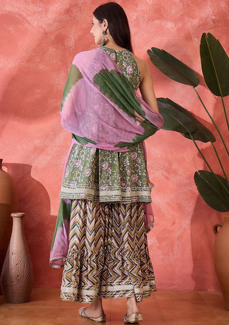 Green Printed Blended Kurta Set - Indya