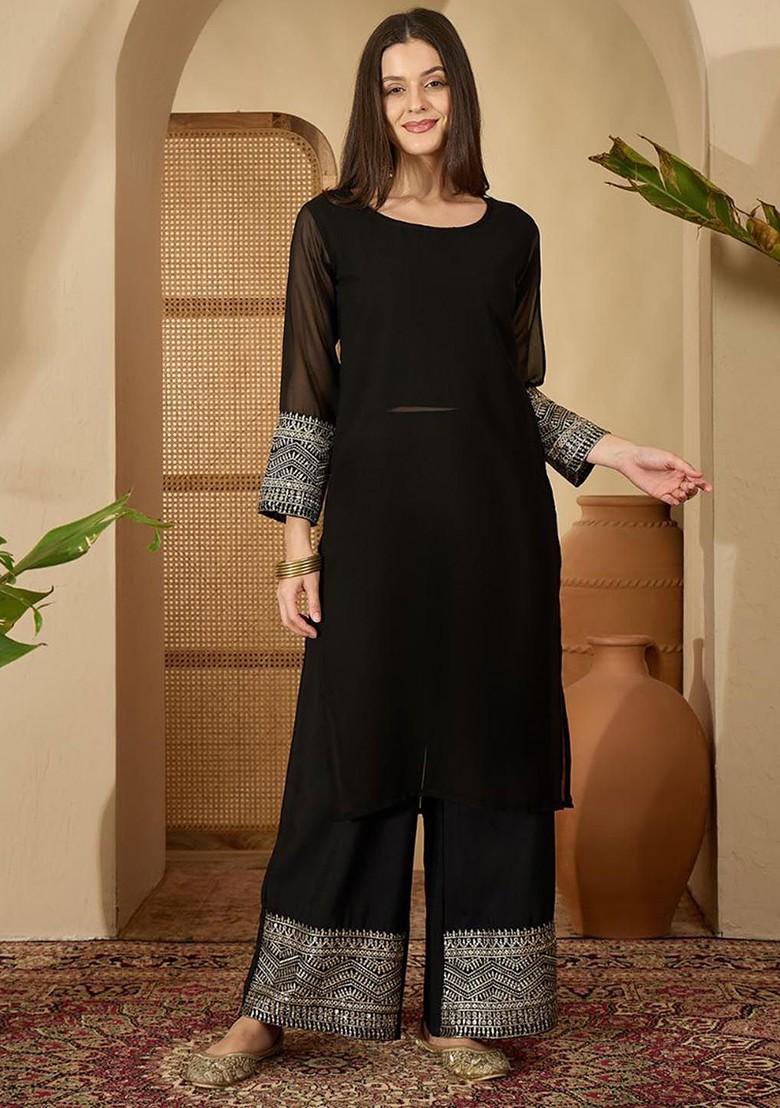 Black Embroidered Blended Kurta Set - Indya