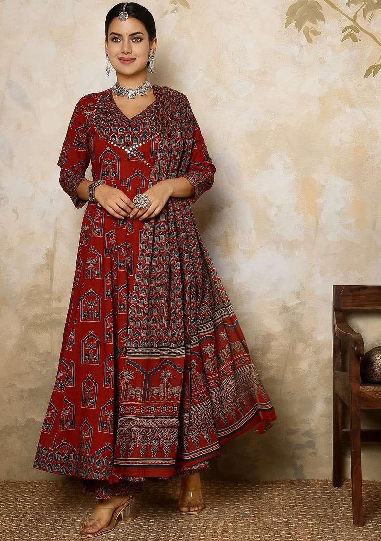 Maroon Printed Blended Kurta Set - Indya
