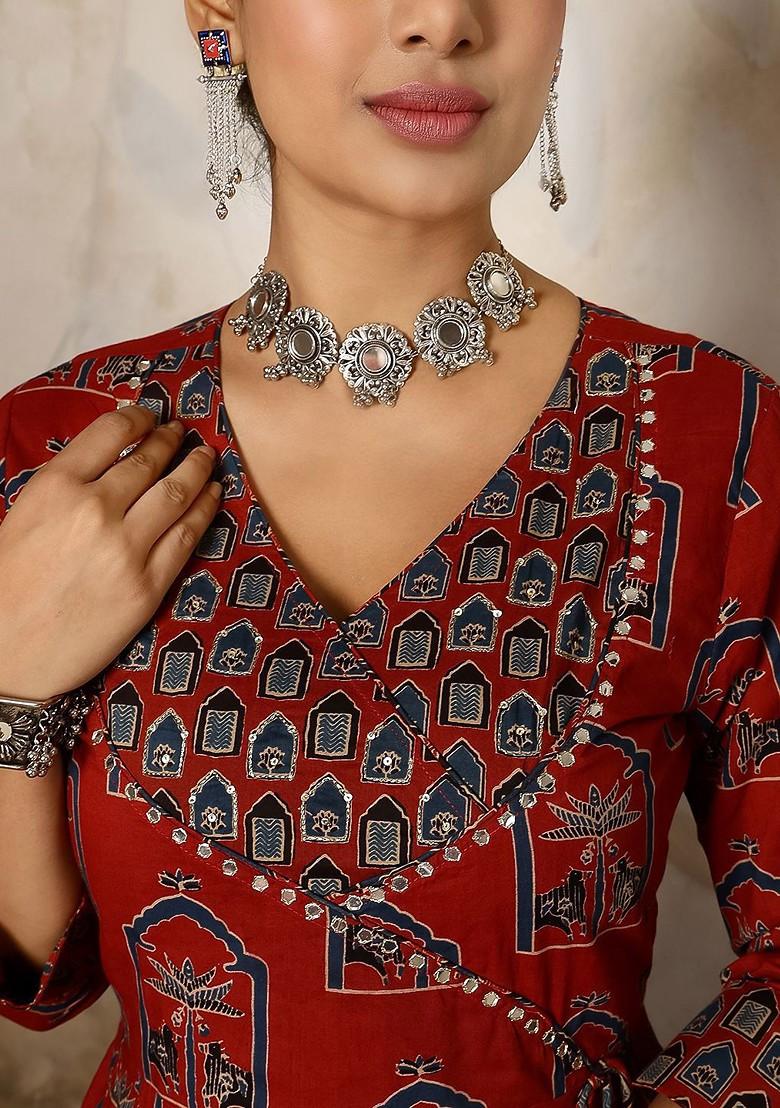 Maroon Printed Blended Kurta Set - Indya