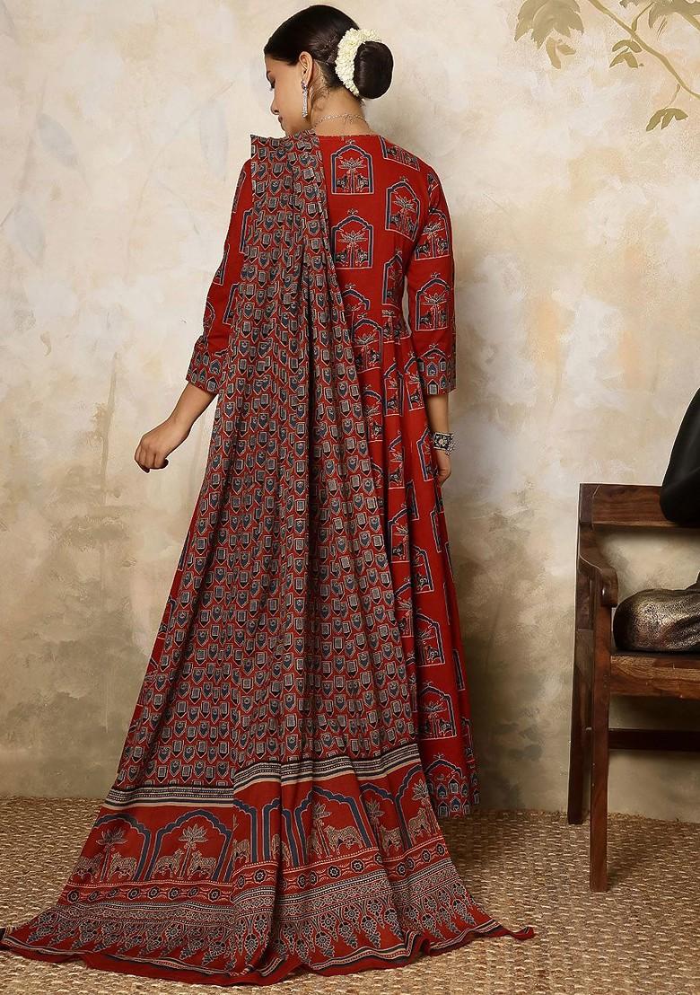 Maroon Printed Blended Kurta Set - Indya