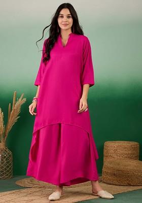 Fuchsia Solid Blended Kurta Set