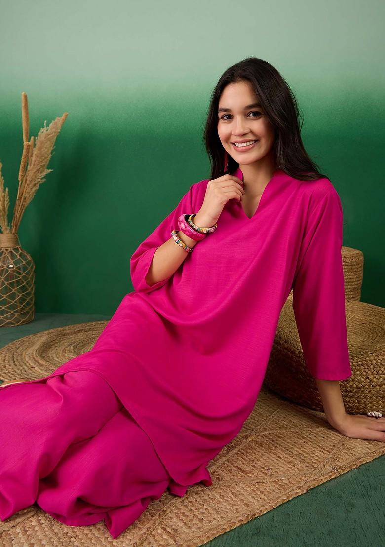 Fuchsia Solid Blended Kurta Set - Indya