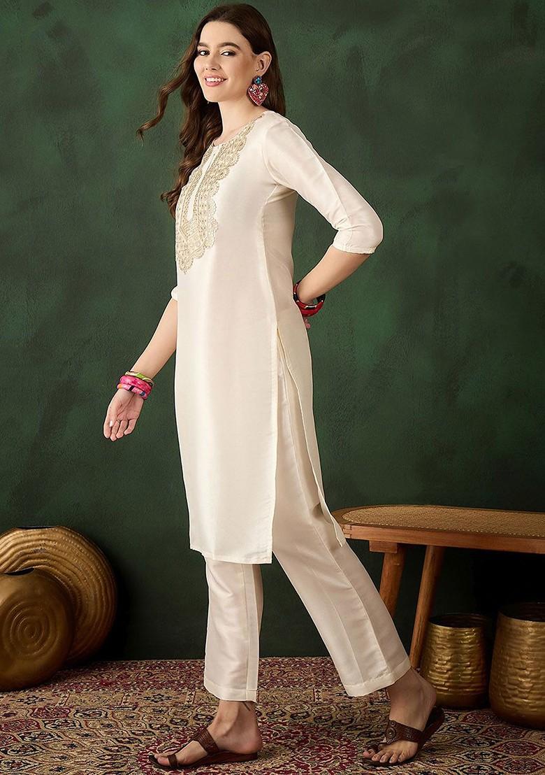 Cream Embroidered Blended Kurta Set - Indya