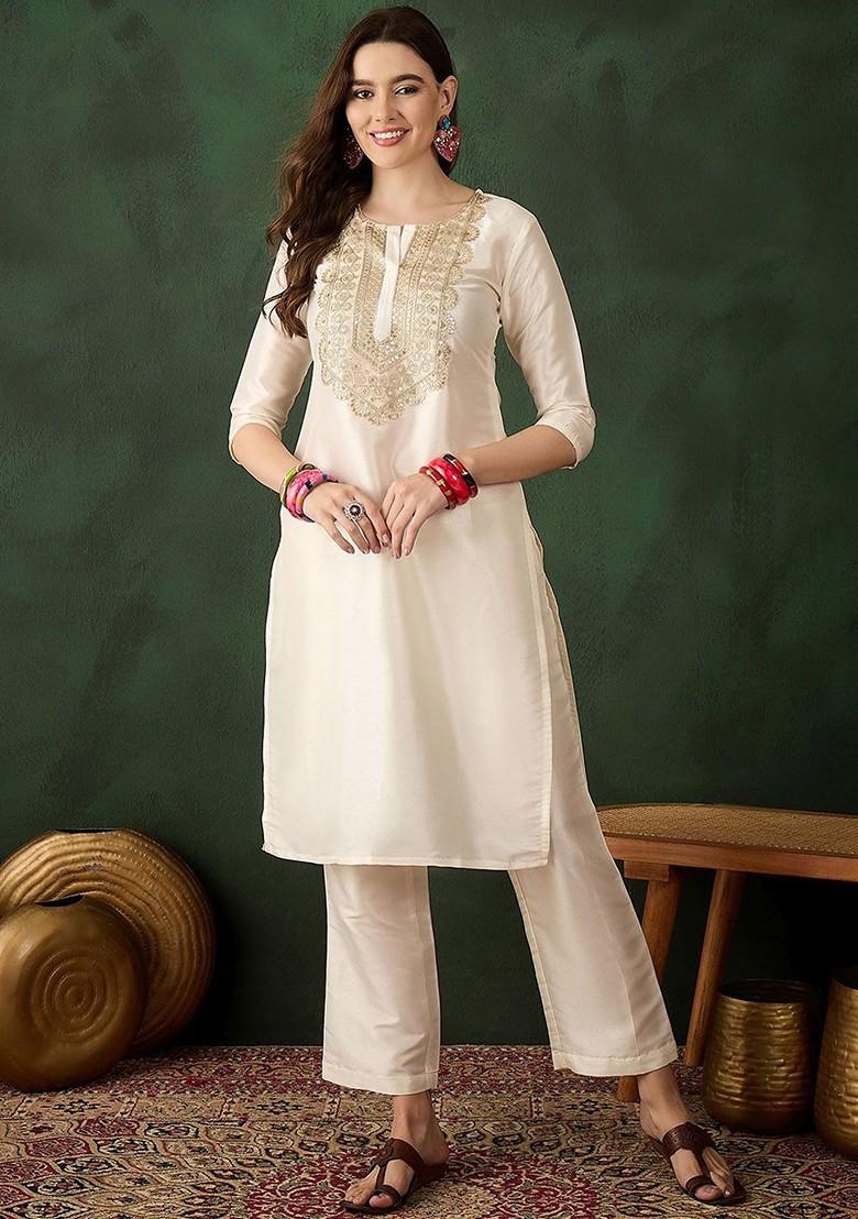 Cream Embroidered Blended Kurta Set - Indya