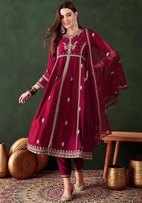 Maroon Embroidered Blended Kurta Set