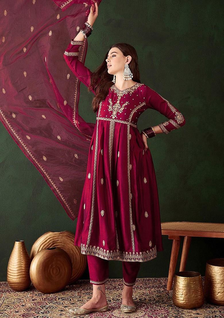 Maroon Embroidered Blended Kurta Set - Indya