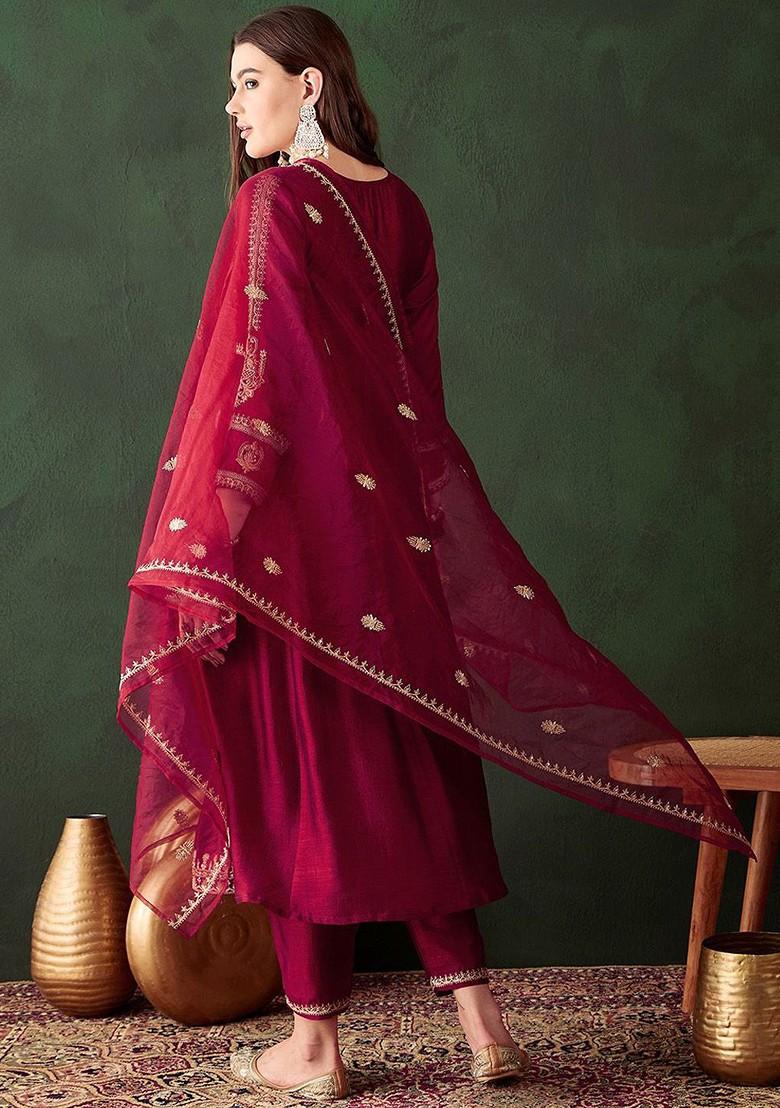 Maroon Embroidered Blended Kurta Set - Indya