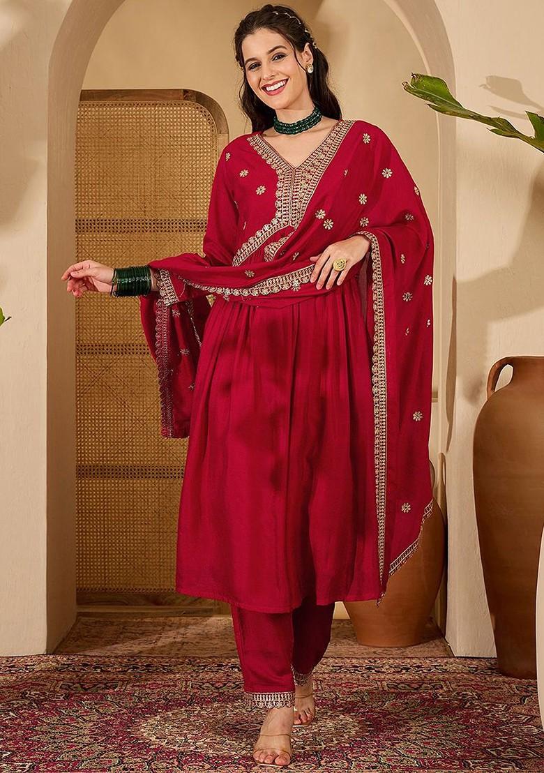 Red Printed Blended Kurta Set