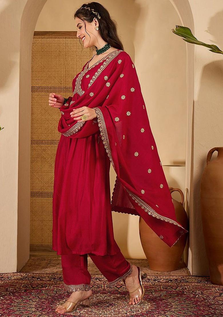 Red Printed Blended Kurta Set - Indya