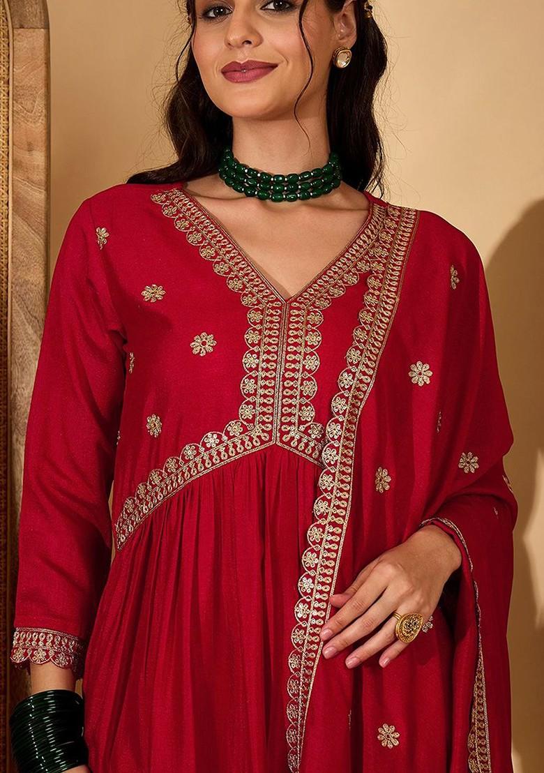 Red Printed Blended Kurta Set