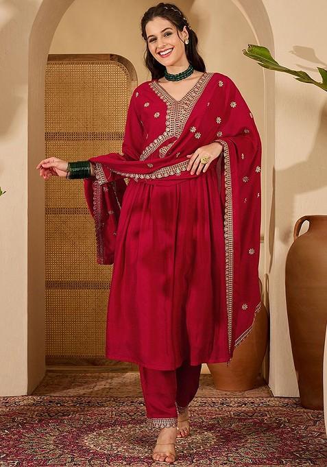 Red Printed Blended Kurta Set