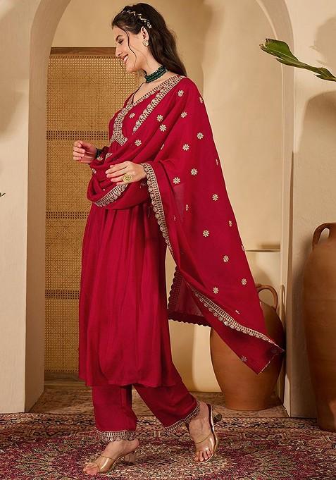Red Printed Blended Kurta Set