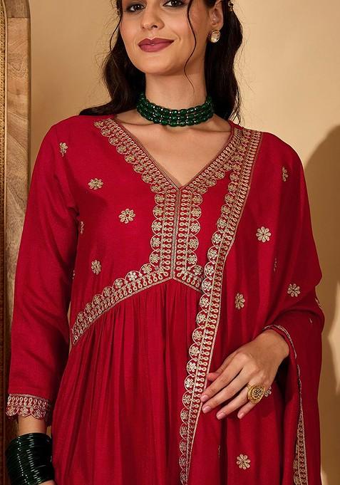 Red Printed Blended Kurta Set
