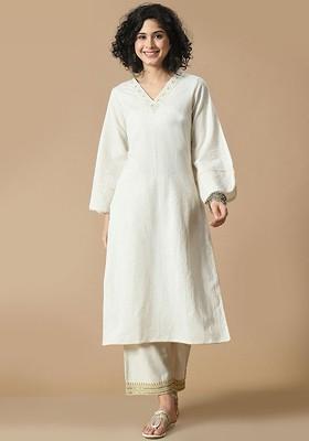 Cream Embroidered Blended Kurta Set