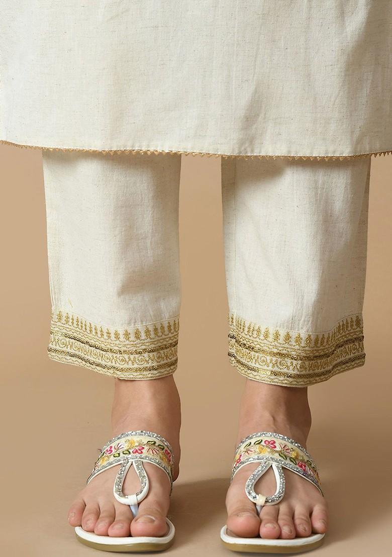 Cream Embroidered Blended Kurta Set - Indya